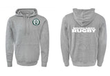 The Woodlands Youth Paw Print Pocket Logo Hoodie by WRS Augusta is a grey hoodie with a front kangaroo pocket, paw print pocket logo, circular wolf chest emblem, and large "Woodlands Rugby" back print.