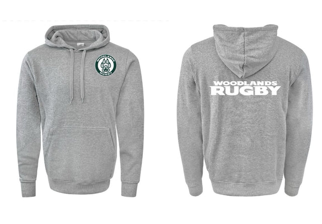 The Woodlands Youth Paw Print Pocket Logo Hoodie by WRS Augusta is a grey hoodie with a front kangaroo pocket, paw print pocket logo, circular wolf chest emblem, and large "Woodlands Rugby" back print.