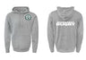 The Woodlands Youth Paw Print Pocket Logo Hoodie by WRS Augusta is a grey hoodie with a front kangaroo pocket, paw print pocket logo, circular wolf chest emblem, and large "Woodlands Rugby" back print.