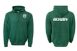The WRS Augusta Woodlands Youth Paw Print Pocket Logo Hoodie features a green design with a circular paw print logo on the left chest and "WOODLANDS RUGBY" in white across the back. Front and back views shown.