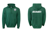 The WRS Augusta Woodlands Youth Paw Print Pocket Logo Hoodie features a green design with a circular paw print logo on the left chest and "WOODLANDS RUGBY" in white across the back. Front and back views shown.