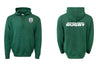 The WRS Augusta Woodlands Youth Paw Print Pocket Logo Hoodie features a green design with a circular paw print logo on the left chest and "WOODLANDS RUGBY" in white across the back. Front and back views shown.