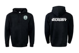 Front and back view of the WRS Augusta Woodlands Youth Paw Print Pocket Logo Hoodie, a black sweatshirt with a small paw print logo on the front left chest and "WOODLANDS RUGBY" in bold white letters across the back.