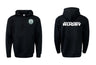 Front and back view of the WRS Augusta Woodlands Youth Paw Print Pocket Logo Hoodie, a black sweatshirt with a small paw print logo on the front left chest and "WOODLANDS RUGBY" in bold white letters across the back.