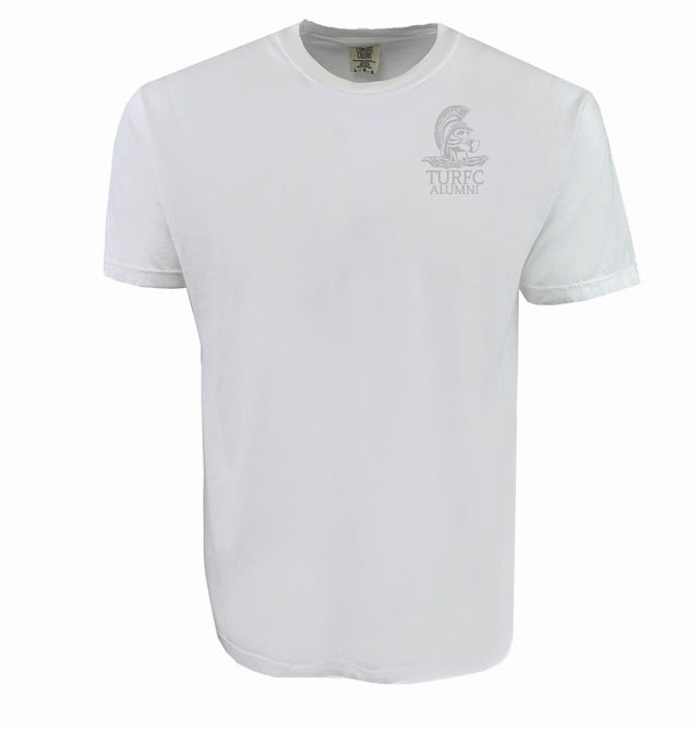 The Troy Rugby Alumni Heavyweight Comfort T-Shirt by EMB S&S Activewear is made from premium USA cotton and features a small "TURC Alumni" logo and graphic on the upper left chest.