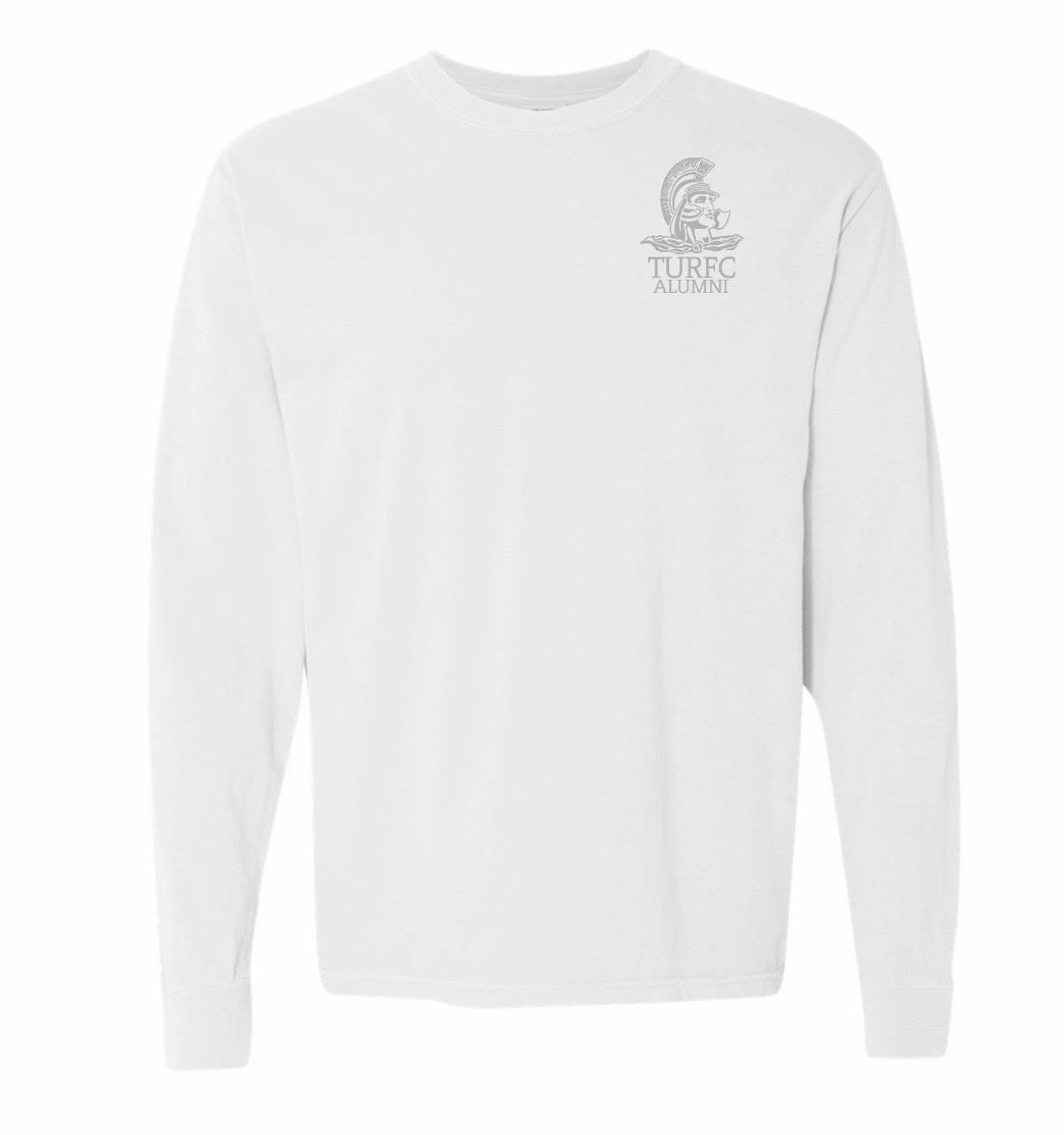 The EMB S&S Activewear Troy Rugby Alumni Heavyweight Comfort Long-Sleeve T-Shirt is crafted from garment-dyed cotton in plain white and features a small "TURFC Alumni" Spartan helmet logo on the upper left chest.