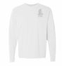 The EMB S&S Activewear Troy Rugby Alumni Heavyweight Comfort Long-Sleeve T-Shirt is crafted from garment-dyed cotton in plain white and features a small "TURFC Alumni" Spartan helmet logo on the upper left chest.