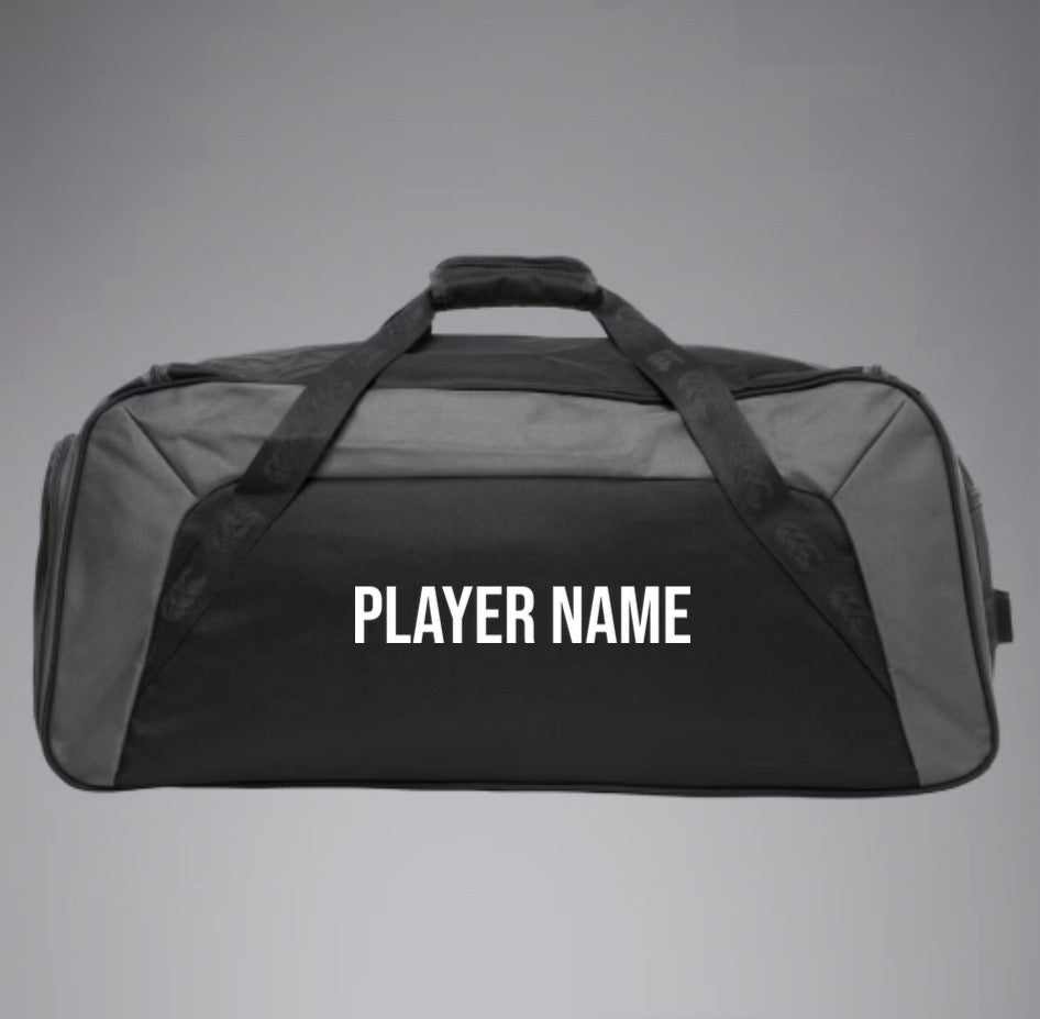 The Bozeman Cutthroats Rugby Holdall Duffle Bag by EMB Canterbury is a black and gray duffle with "PLAYER NAME" in white on the side and a water-repellent finish for durability.
