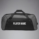 The Bozeman Cutthroats Rugby Holdall Duffle Bag by EMB Canterbury is a black and gray duffle with "PLAYER NAME" in white on the side and a water-repellent finish for durability.