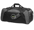The EMB Canterbury Bozeman Cutthroats Rugby Holdall Duffle Bag is black and gray with handles, a shoulder strap, water-repellent finish, and the "Bozeman Cutthroat Rugby" logo on the side.