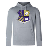 The St. Augustine Alumni Club Lightweight Hoodie by WRS Canterbury features a gray design with a multicolored shield crest and a banner below reading "UNITAS VERITAS CARITAS.