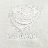 Close-up of the USA Rugby Elevated Tonal Comfort Tee by EMB Alpha Broder, crafted from ring-spun USA cotton and featuring an embroidered USA Rugby logo with a stylized eagle clutching a rugby ball above the text "USA RUGBY.