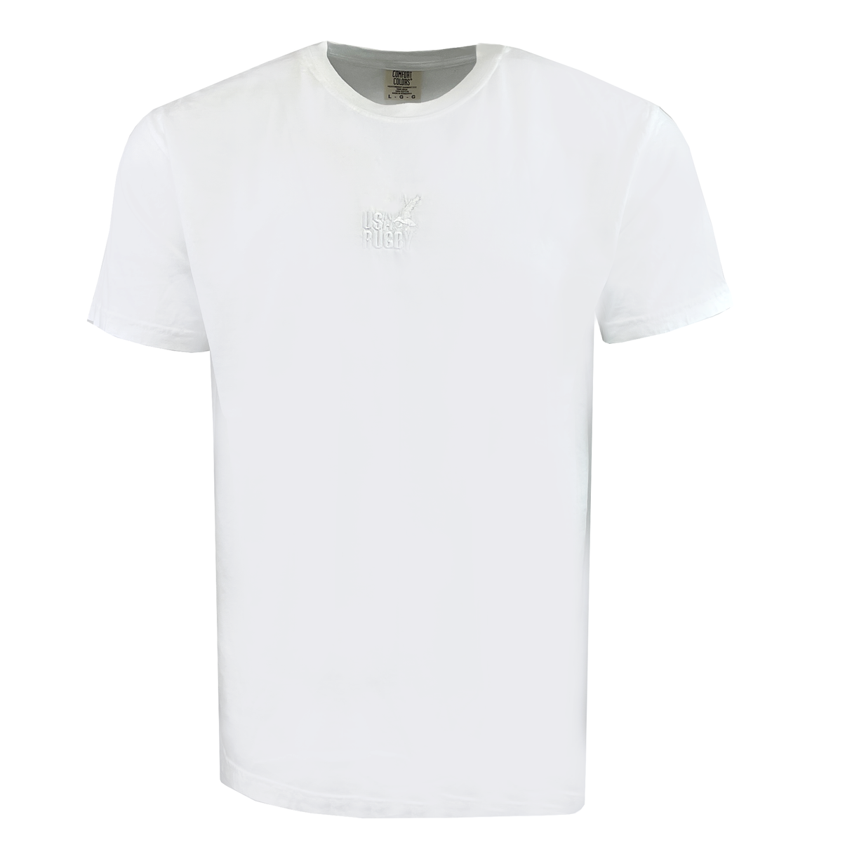 The USA Rugby Elevated Throwback Tonal Comfort Tee by EMB Alpha Broder is a white shirt with a subtle tone-on-tone "USA Rugby" logo embossed near the collar.