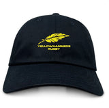 The Montgomery Yellowhammers Dad Cap by EMB S&S Activewear features a black design with a yellow feather and "Yellowhammers Rugby" embroidered on the front—an ideal team cap for rugby fans.