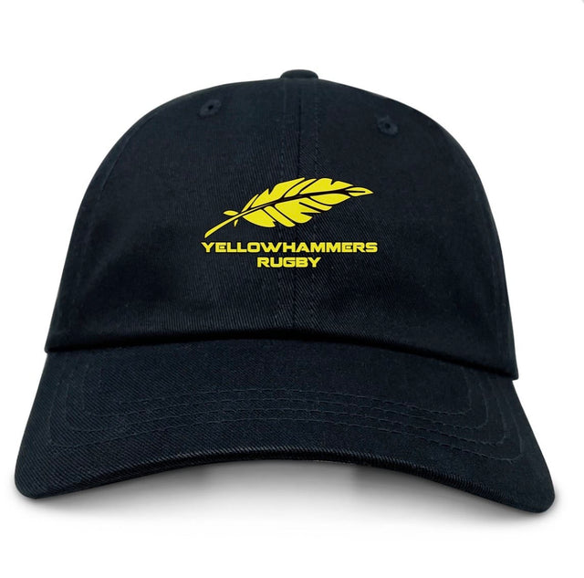 The Montgomery Yellowhammers Dad Cap by EMB S&S Activewear features a black design with a yellow feather and "Yellowhammers Rugby" embroidered on the front—an ideal team cap for rugby fans.