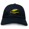 The Montgomery Yellowhammers Dad Cap by EMB S&S Activewear features a black design with a yellow feather and "Yellowhammers Rugby" embroidered on the front—an ideal team cap for rugby fans.