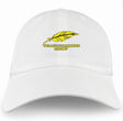 The Montgomery Yellowhammers Dad Cap by EMB S&S Activewear is a white hat featuring a yellow leaf and "YELLOWHAMMERS RUGBY" in yellow with black outline—perfect for fans and players alike.