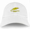 The Montgomery Yellowhammers Dad Cap by EMB S&S Activewear is a white hat featuring a yellow leaf and "YELLOWHAMMERS RUGBY" in yellow with black outline—perfect for fans and players alike.