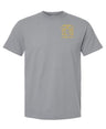 The EMB S&S Activewear Montgomery Yellowhammers Yellow Retro Logo Comfort Tee is a gray, ring-spun USA cotton shirt with a small yellow graphic and text on the upper left chest.