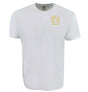 The Montgomery Yellowhammers Yellow Retro Logo Comfort Tee by EMB S&S Activewear is a plain white short-sleeve shirt made from ring-spun USA cotton, featuring a small yellow retro logo and text on the upper left chest.