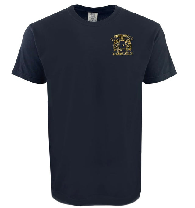 The EMB S&S Activewear Montgomery Yellowhammers Yellow Retro Logo Comfort Tee is a plain black, short-sleeve, ring-spun USA cotton shirt with a small yellow crest and text embroidered on the left chest.
