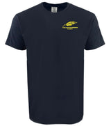 The Montgomery Yellowhammers Feather Comfort Tee by EMB S&S Activewear is made from ring-spun USA cotton and features a small yellow feather with "YELLOWHAMMERS RUGBY" and an embroidered logo on the upper left chest.