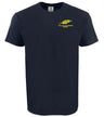 The Montgomery Yellowhammers Feather Comfort Tee by EMB S&S Activewear is made from ring-spun USA cotton and features a small yellow feather with "YELLOWHAMMERS RUGBY" and an embroidered logo on the upper left chest.