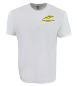 The Montgomery Yellowhammers Feather Comfort Tee by EMB S&S Activewear features a white short-sleeve design, soft ring-spun USA cotton, and a small yellow weed leaf graphic with "YELLOWWEED RACING" text.