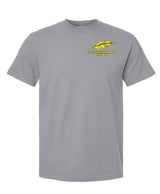 The EMB S&S Activewear Montgomery Yellowhammers Feather Comfort Tee is a gray, short-sleeve, ring-spun USA cotton shirt with a yellow feather and "Yellowhammers Rugby" embroidered on the upper left chest.