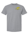 The EMB S&S Activewear Montgomery Yellowhammers Feather Comfort Tee is a gray, short-sleeve, ring-spun USA cotton shirt with a yellow feather and "Yellowhammers Rugby" embroidered on the upper left chest.