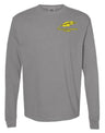 The Montgomery Yellowhammers Long Sleeve Feather Comfort Tee by EMB S&S Activewear is a gray, ring spun cotton shirt with a yellow feather and embroidered "Yellowhammers Rugby" logo on the left chest.