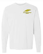 The Montgomery Yellowhammers Long Sleeve Feather Comfort Tee by EMB S&S Activewear is a white, soft ring spun cotton shirt, featuring a yellow feather and "YELLOWHAMMERS RUGBY" embroidered on the upper left chest.