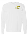 The Montgomery Yellowhammers Long Sleeve Feather Comfort Tee by EMB S&S Activewear is a white, soft ring spun cotton shirt, featuring a yellow feather and "YELLOWHAMMERS RUGBY" embroidered on the upper left chest.