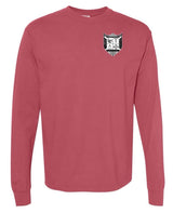 The Troy Rugby Long Sleeve Comfort Tee by EMB S&S Activewear is a red top with a black and white embroidered scales and letters logo on the upper left chest.