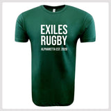 The WRS LAT Exiles Rugby Supersoft Tee features "EXILES RUGBY ALPHARETTA EST. 2020" in bold white letters on the front. This unisex cotton T-shirt is ideal for fans and players.