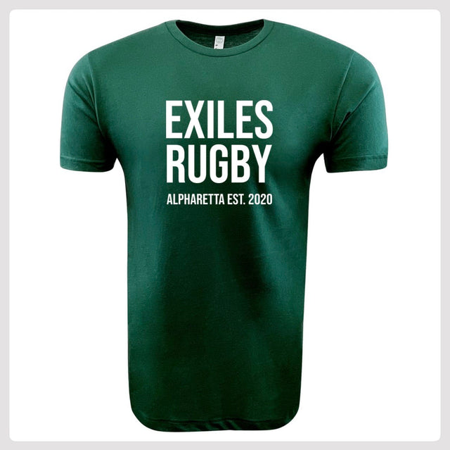 The WRS LAT Exiles Rugby Supersoft Tee features "EXILES RUGBY ALPHARETTA EST. 2020" in bold white letters on the front. This unisex cotton T-shirt is ideal for fans and players.