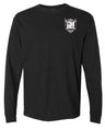 The Troy Rugby Long Sleeve Comfort Tee by EMB S&S Activewear is a black long sleeve shirt with a small embroidered shield-shaped logo featuring letters and symbols on the left chest.