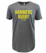 The WRS LAT Montgomery Yellowhammers "Hammers Rugby" Supersoft Tee is a unisex, grey cotton shirt with yellow “HAMMERS RUGBY EST 1984” text on the front for all-day comfort.