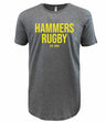 The WRS LAT Montgomery Yellowhammers "Hammers Rugby" Supersoft Tee is a unisex, grey cotton shirt with yellow “HAMMERS RUGBY EST 1984” text on the front for all-day comfort.