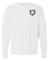 The Troy Rugby Long Sleeve Comfort Tee by EMB S&S Activewear features a black and white embroidered crest with scales and Greek letters on the upper left chest.