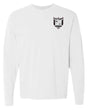 The Troy Rugby Long Sleeve Comfort Tee by EMB S&S Activewear features a black and white embroidered crest with scales and Greek letters on the upper left chest.