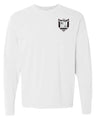 The Troy Rugby Long Sleeve Comfort Tee by EMB S&S Activewear features a black and white embroidered crest with scales and Greek letters on the upper left chest.