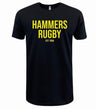 The Montgomery Yellowhammers "Hammers Rugby" Supersoft Tee by WRS LAT is a black unisex cotton t-shirt featuring bold yellow "HAMMERS RUGBY EST 1984" text on the front.