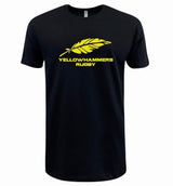 The Montgomery Yellowhammers Supersoft Tee by WRS LAT is a black unisex shirt featuring a large yellow feather above bold “YELLOWHAMMERS RUGBY”—a comfy cotton must-have for any fan’s collection.