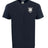 The Troy Rugby Comfort Tee by EMB S&S Activewear is a plain black, ring-spun USA cotton shirt featuring a small white and black crest logo with letters and symbols on the upper left chest.