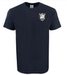 The Troy Rugby Comfort Tee by EMB S&S Activewear is a plain black, ring-spun USA cotton shirt featuring a small white and black crest logo with letters and symbols on the upper left chest.