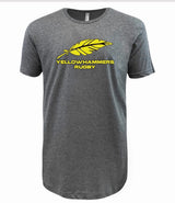 The Montgomery Yellowhammers Supersoft Tee by WRS LAT is a gray unisex cotton shirt with a yellow feather graphic and "YELLOWHAMMERS RUGBY" on the chest—perfect for fans to show support.
