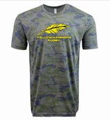 The WRS LAT Montgomery Yellowhammers Supersoft Tee is a gray camo unisex shirt with a yellow feather and bold "YELLOWHAMMERS RUGBY" on the front, crafted from supersoft cotton for all-day comfort.