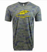 The WRS LAT Montgomery Yellowhammers Supersoft Tee is a gray camo unisex shirt with a yellow feather and bold "YELLOWHAMMERS RUGBY" on the front, crafted from supersoft cotton for all-day comfort.