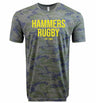 The Montgomery Yellowhammers "Hammers Rugby" Supersoft Tee by WRS LAT features a gray and blue camo design with "HAMMERS RUGBY EST 1984" in yellow. This unisex tee is made from supersoft cotton for all-day comfort.